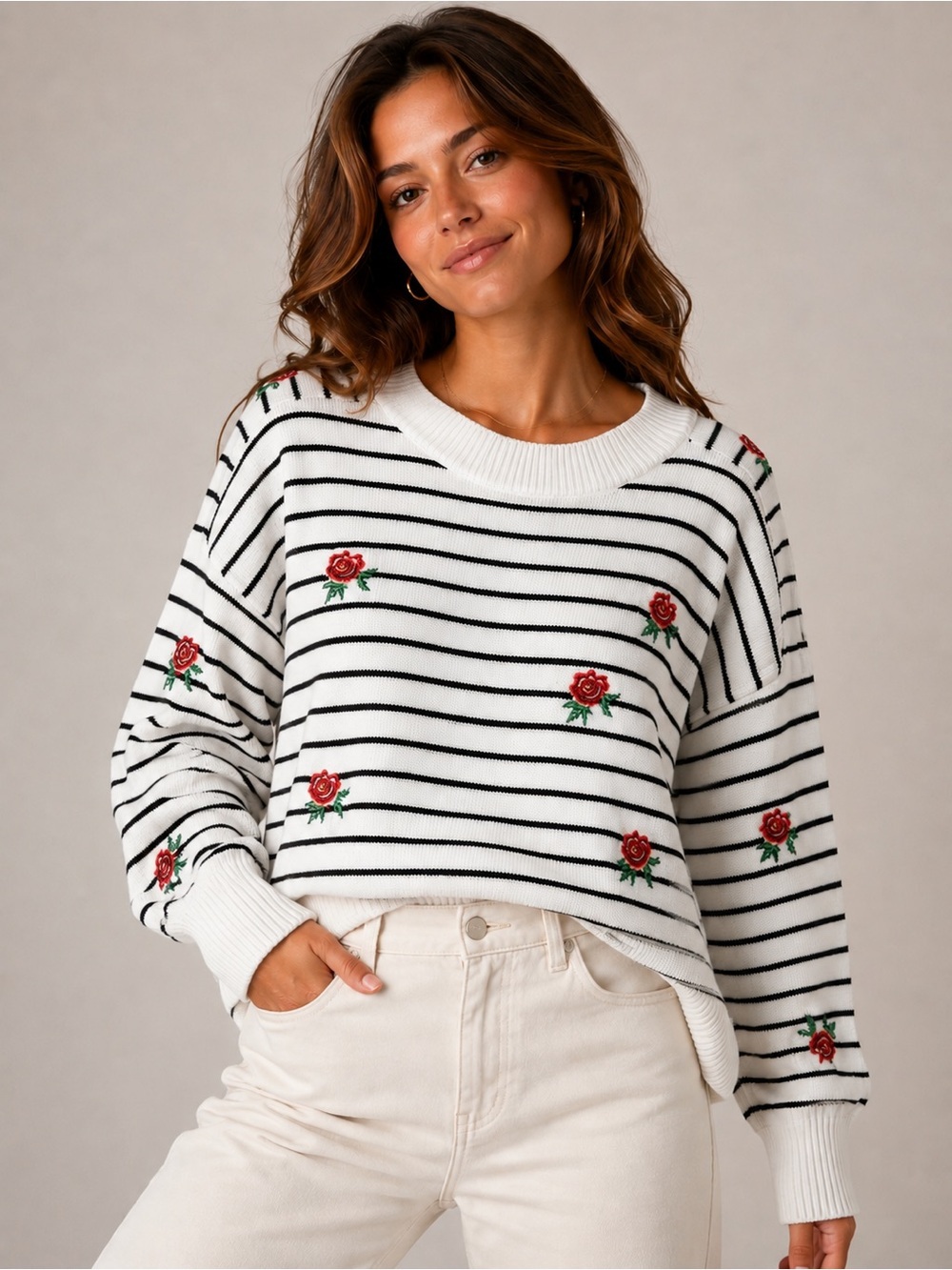 Joseph A Embroidered Rose Striped Sweater XXL Cottagecore French Girl Knit